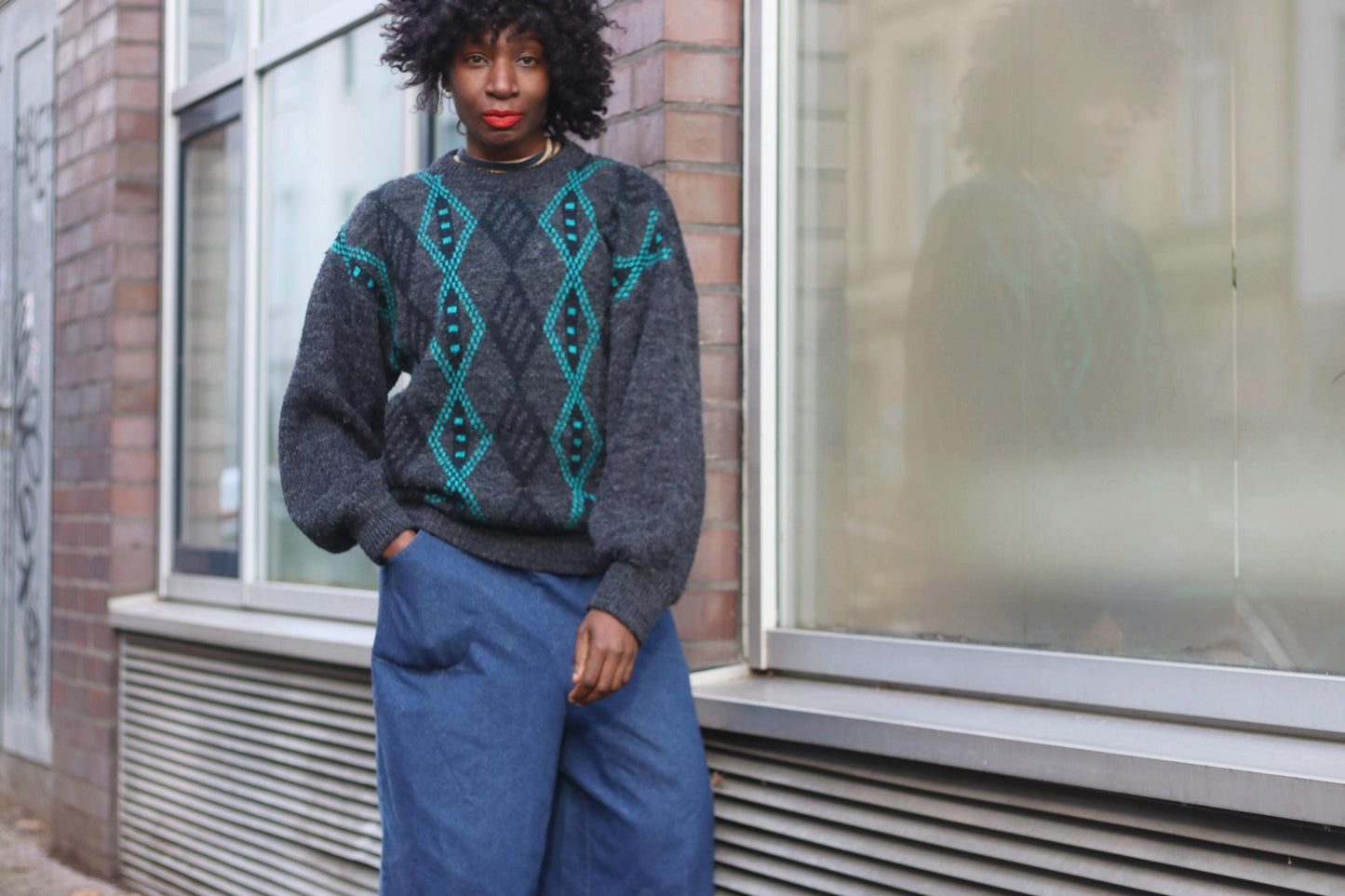 80s Crazy Print Sweater| Vintage Women's Grey Sweater with Blue Print | Long sleeved Handmade Winter Knit|