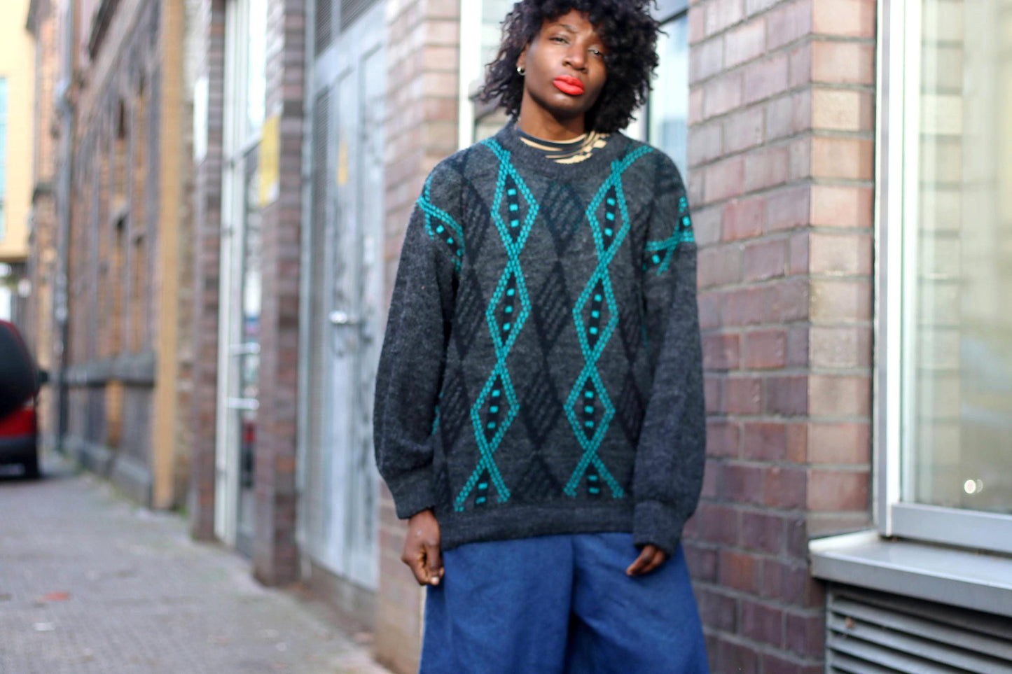 80s Crazy Print Sweater| Vintage Women's Grey Sweater with Blue Print | Long sleeved Handmade Winter Knit|
