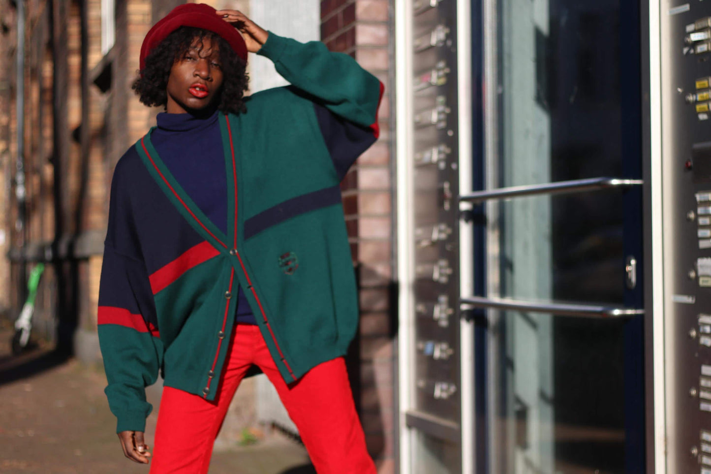 90s Collegiate Cardigan| Vintage Preppy Red and Green Long-sleeved knit
