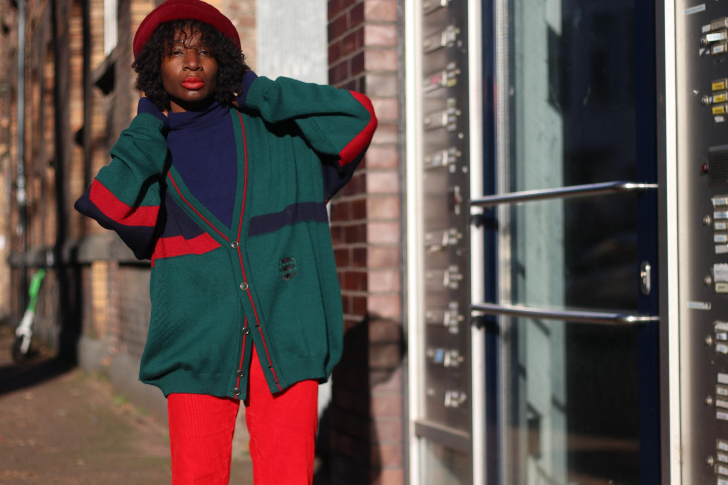 90s Collegiate Cardigan| Vintage Preppy Red and Green Long-sleeved knit