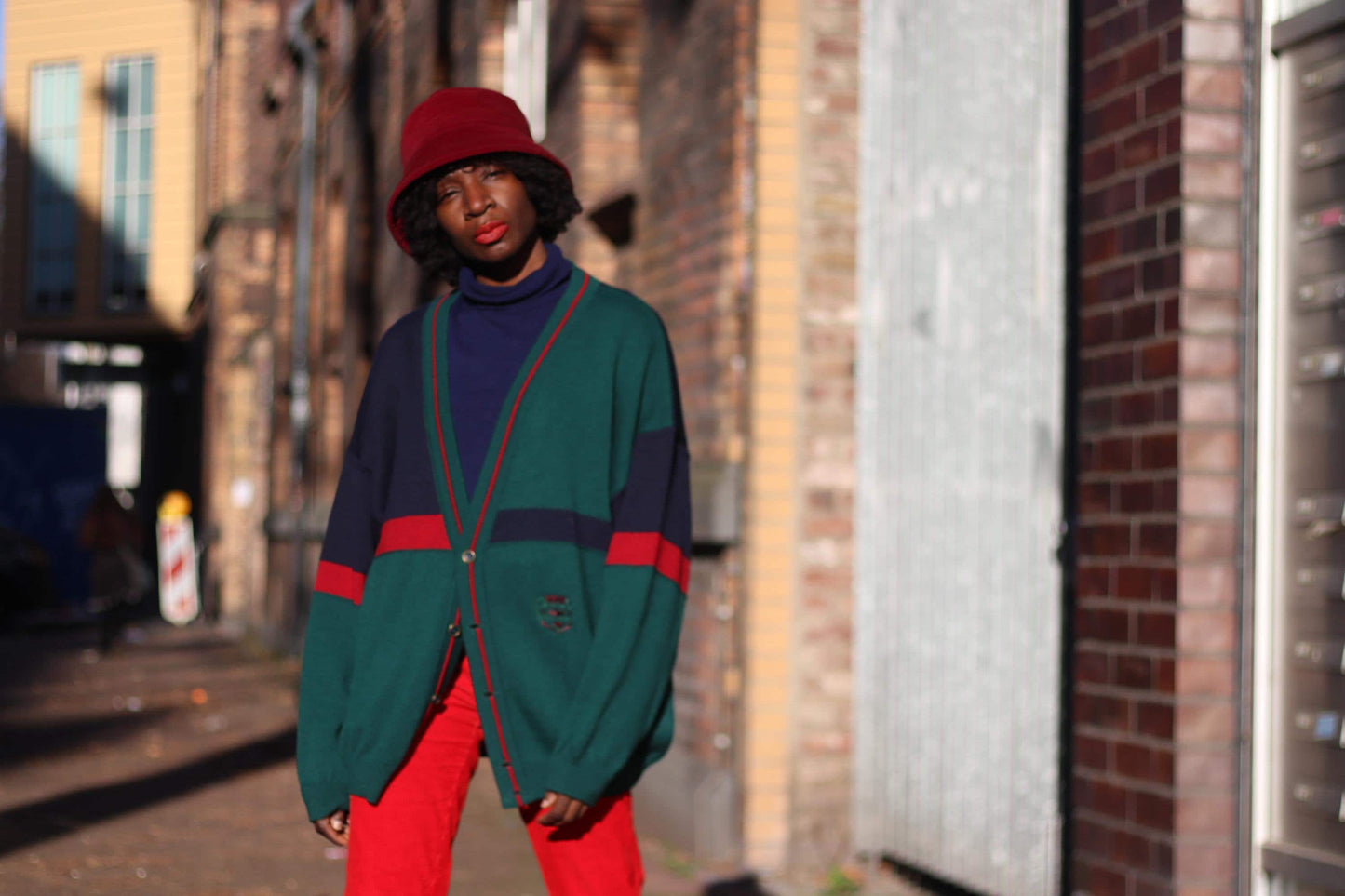 90s Collegiate Cardigan| Vintage Preppy Red and Green Long-sleeved knit