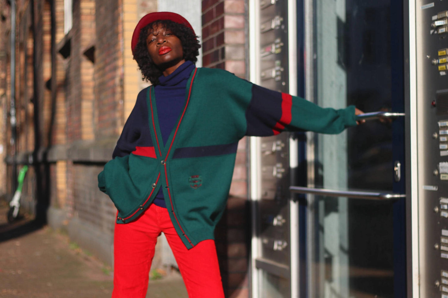 90s Collegiate Cardigan| Vintage Preppy Red and Green Long-sleeved knit