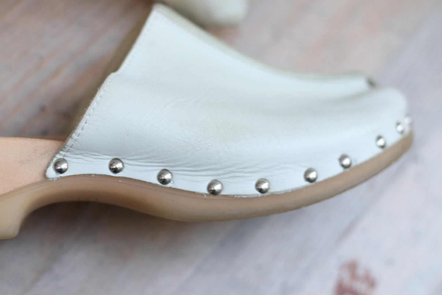 90s Esprit White Leather Clogs| Vintage Minimalist Wood and Leather Clogs with Studded Details Size EU39