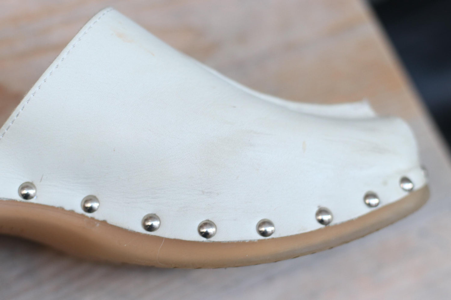 90s Esprit White Leather Clogs| Vintage Minimalist Wood and Leather Clogs with Studded Details Size EU39