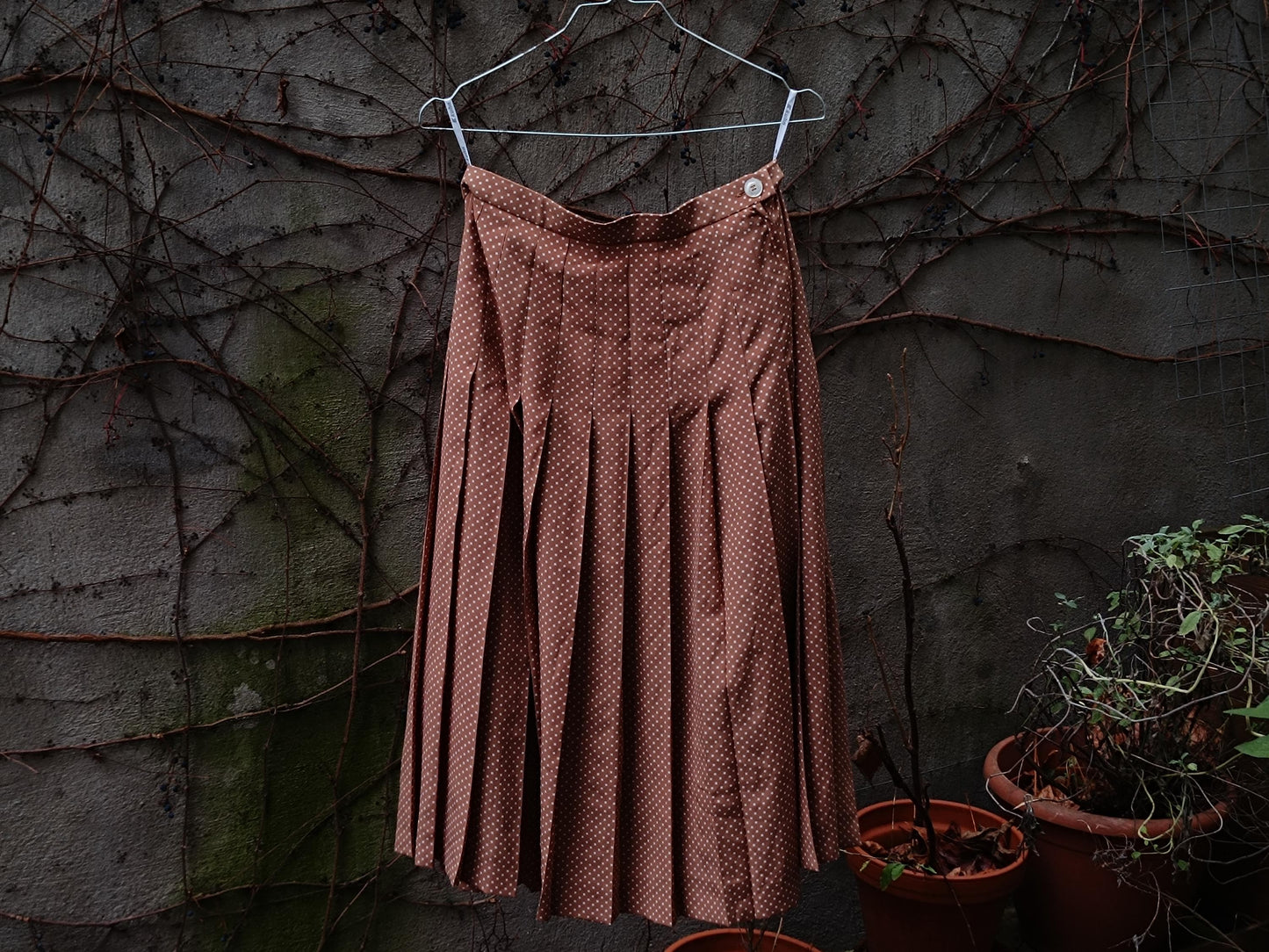 80s Polka Dotted Silk Skirt | Vintage Kuhn Feminine Skirt| Women's Pleated Brown Knee-length Skirt| Minimalist Capsule Wardrobe Design