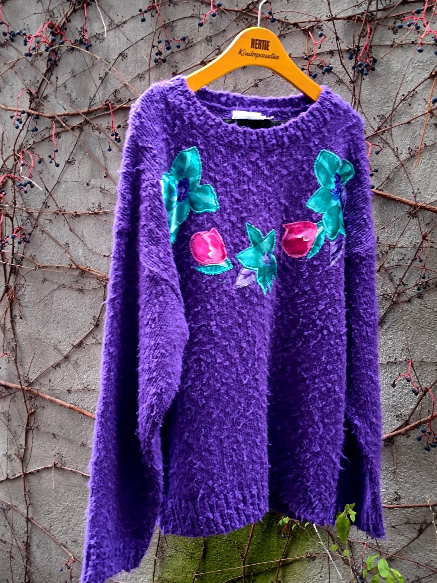 y2k Purple Floral Sweater| Vintage H&M Fuzzy Winter Knit | Women's Winter Pullover with Floral Motif