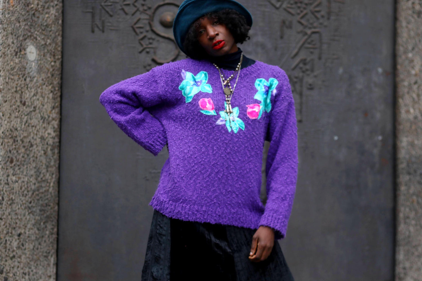 y2k Purple Floral Sweater| Vintage H&M Fuzzy Winter Knit | Women's Winter Pullover with Floral Motif