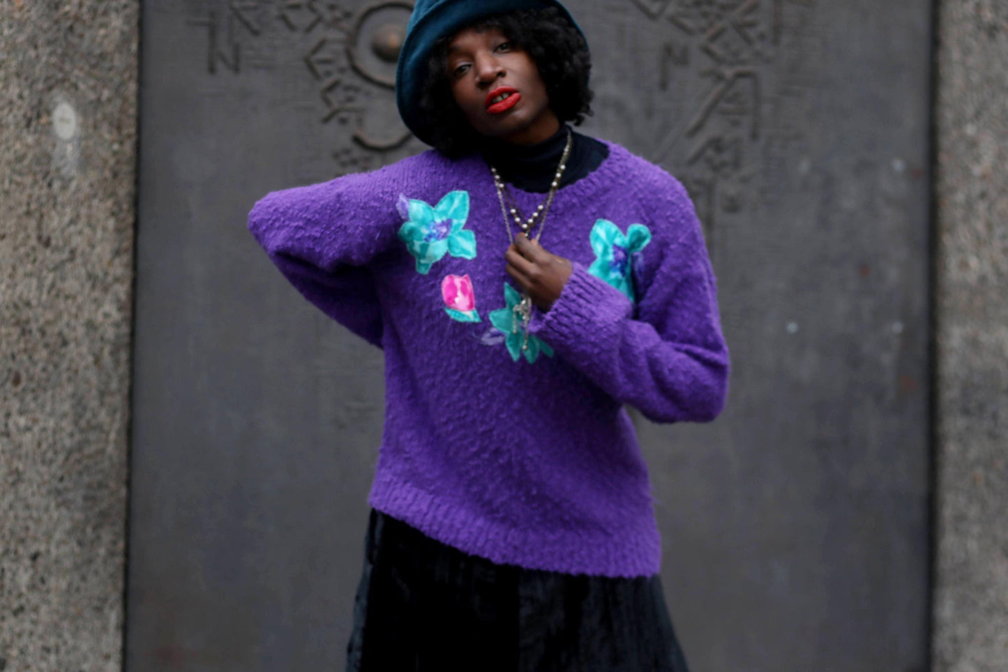y2k Purple Floral Sweater| Vintage H&M Fuzzy Winter Knit | Women's Winter Pullover with Floral Motif