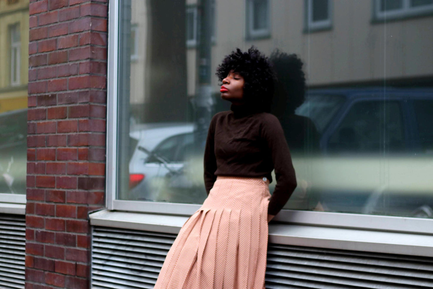 80s Polka Dotted Silk Skirt | Vintage Kuhn Feminine Skirt| Women's Pleated Brown Knee-length Skirt| Minimalist Capsule Wardrobe Design