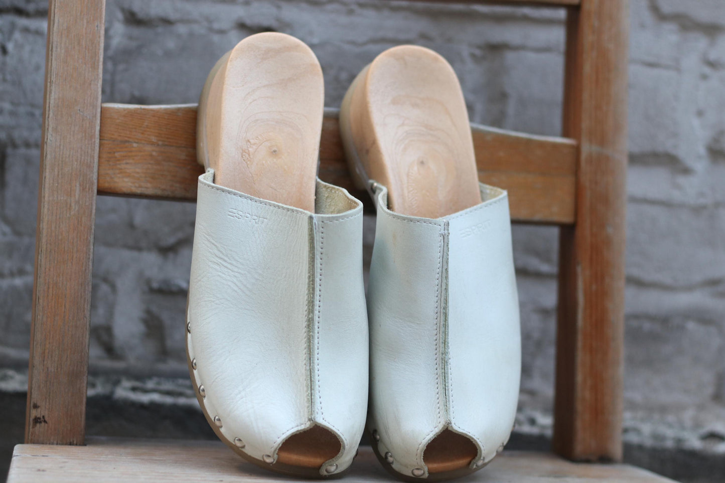 90s Esprit White Leather Clogs| Vintage Minimalist Wood and Leather Clogs with Studded Details Size EU39