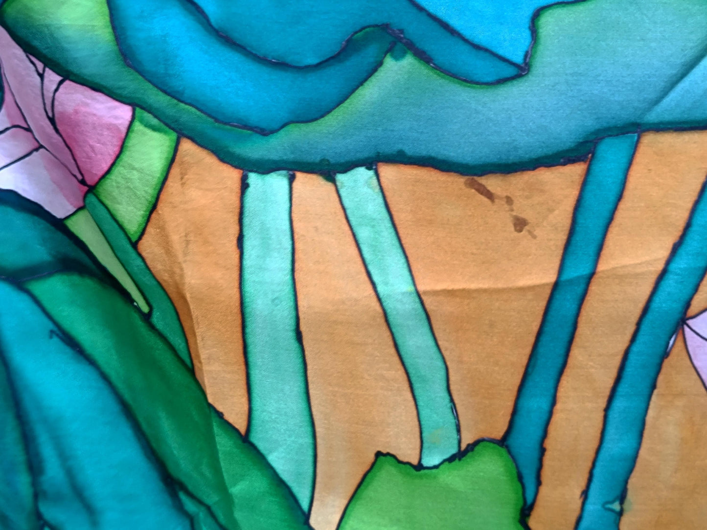 Vintage Hand-Painted Silk Scarf | Crane & Lotus Design | 90s Saffron Yellow with Black Border necktie | Unique Women's Statement Accessory