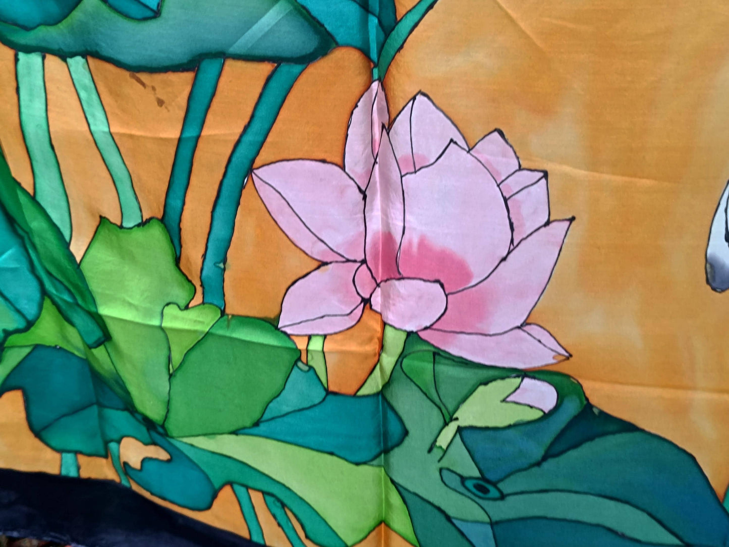 Vintage Hand-Painted Silk Scarf | Crane & Lotus Design | 90s Saffron Yellow with Black Border necktie | Unique Women's Statement Accessory