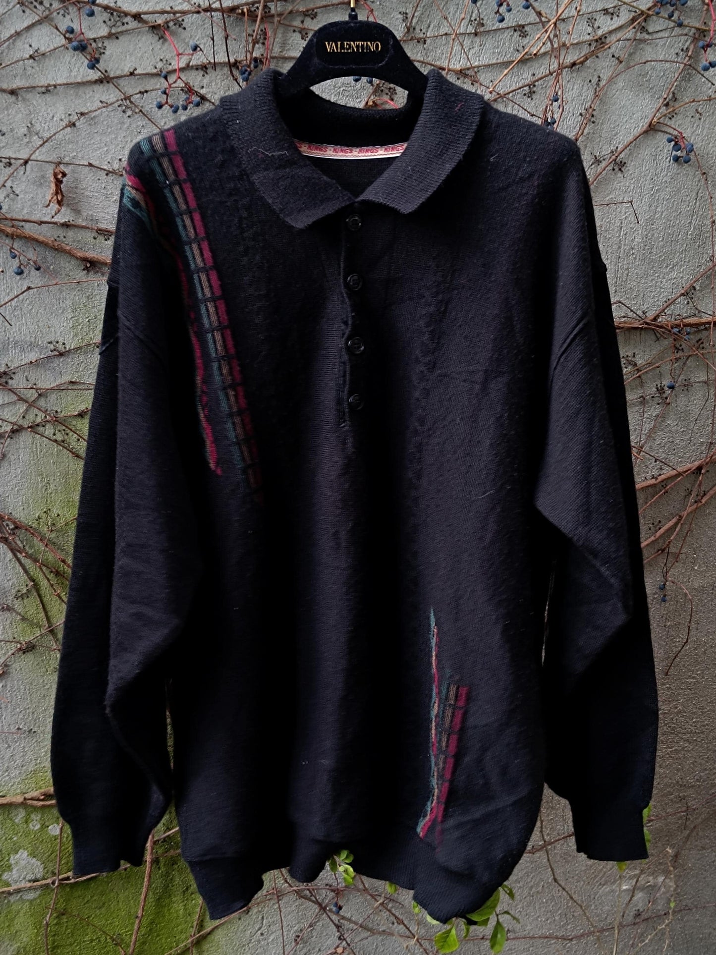 90s Preppy Black Winter Sweater| Vintage Unisex Sweater with Tartan Accent and Button-Up Neckline