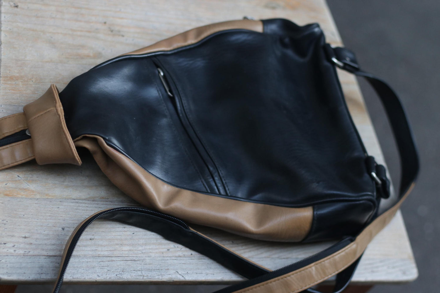 90s Leather Backpack| Women's Vintage Brown Assymetrical Bag| Avant-garde Minimalist Mini backpack