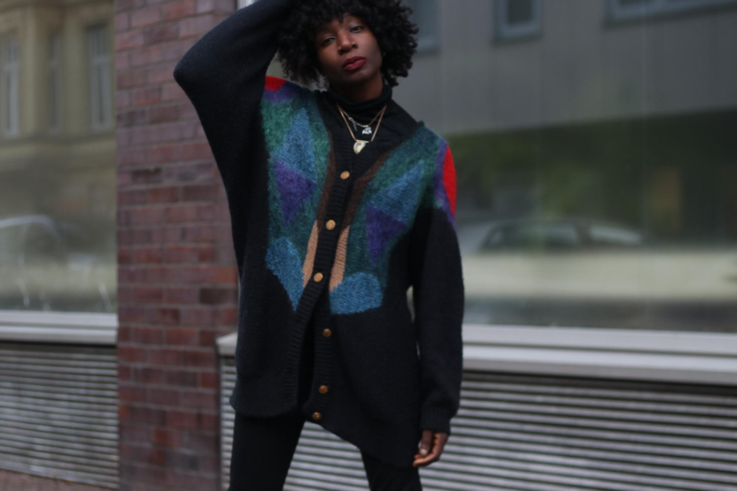 80s Color Block Cardigan | Vintage Oversized Mohair Blend Knit |Geometric Slouchy Sweater | Women's Abstract Print Maximalist Statement Knit