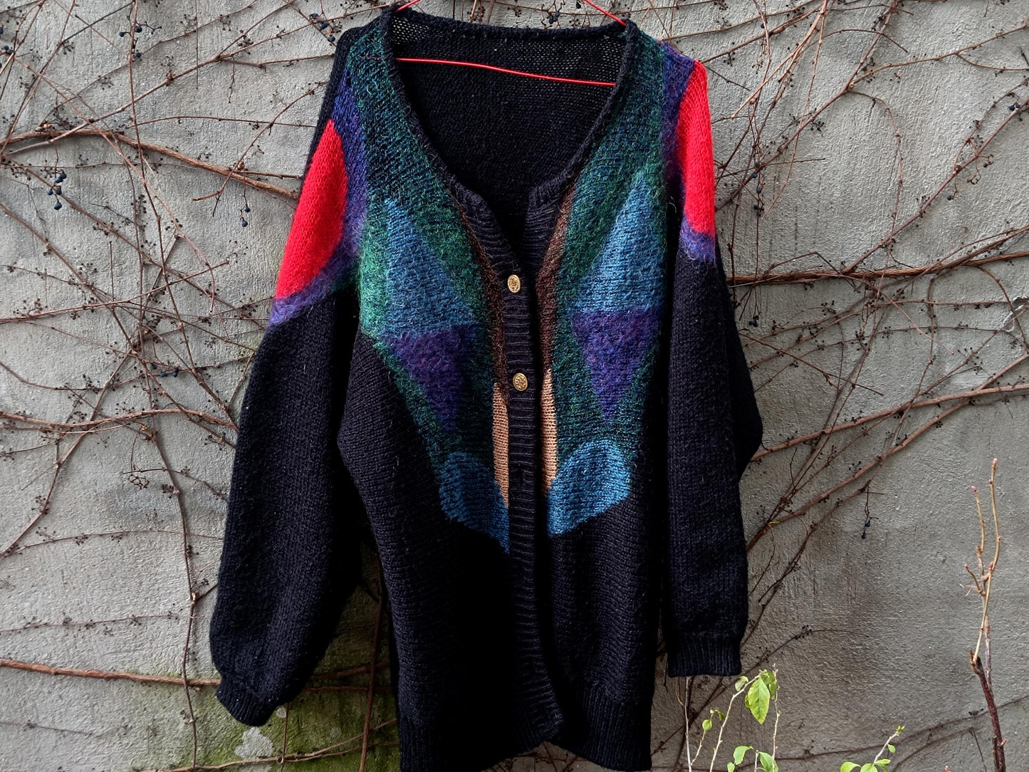 80s Color Block Cardigan | Vintage Oversized Mohair Blend Knit |Geometric Slouchy Sweater | Women's Abstract Print Maximalist Statement Knit