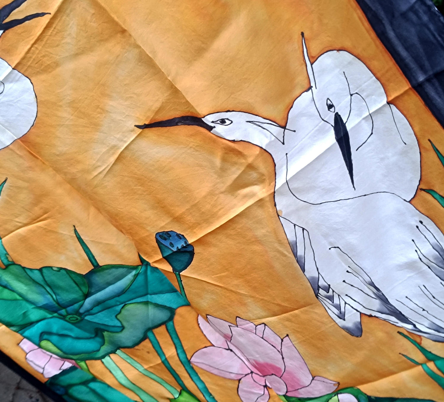 Vintage Hand-Painted Silk Scarf | Crane & Lotus Design | 90s Saffron Yellow with Black Border necktie | Unique Women's Statement Accessory