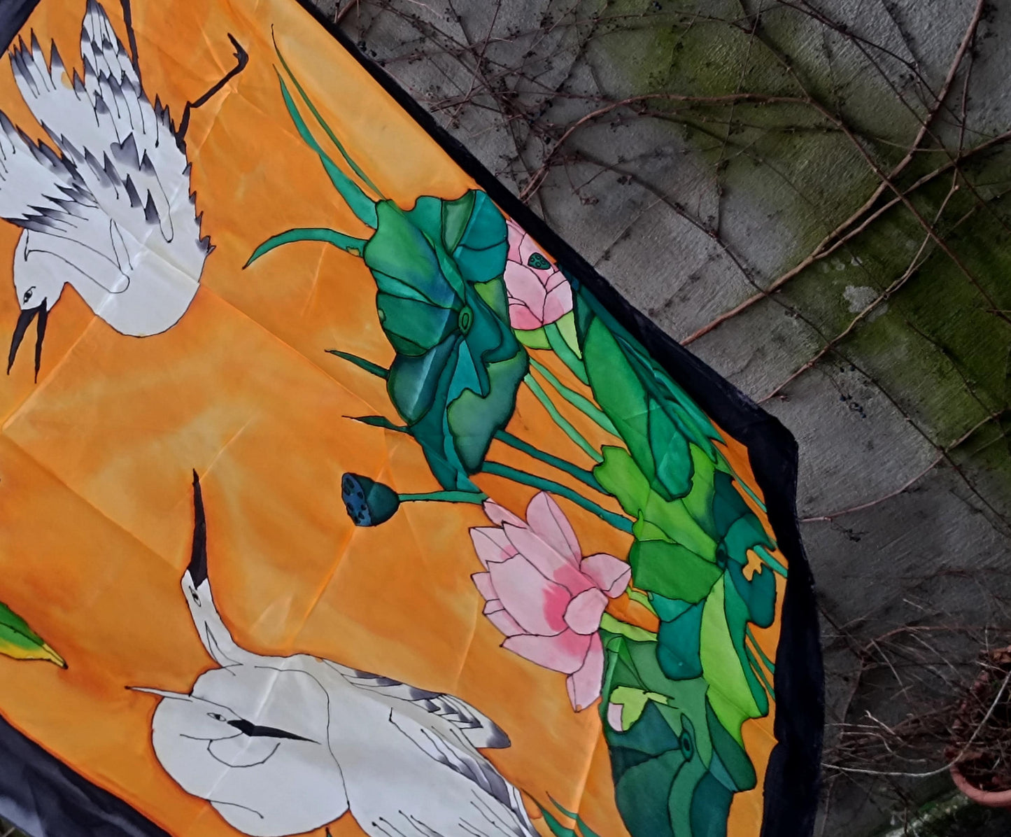 Vintage Hand-Painted Silk Scarf | Crane & Lotus Design | 90s Saffron Yellow with Black Border necktie | Unique Women's Statement Accessory