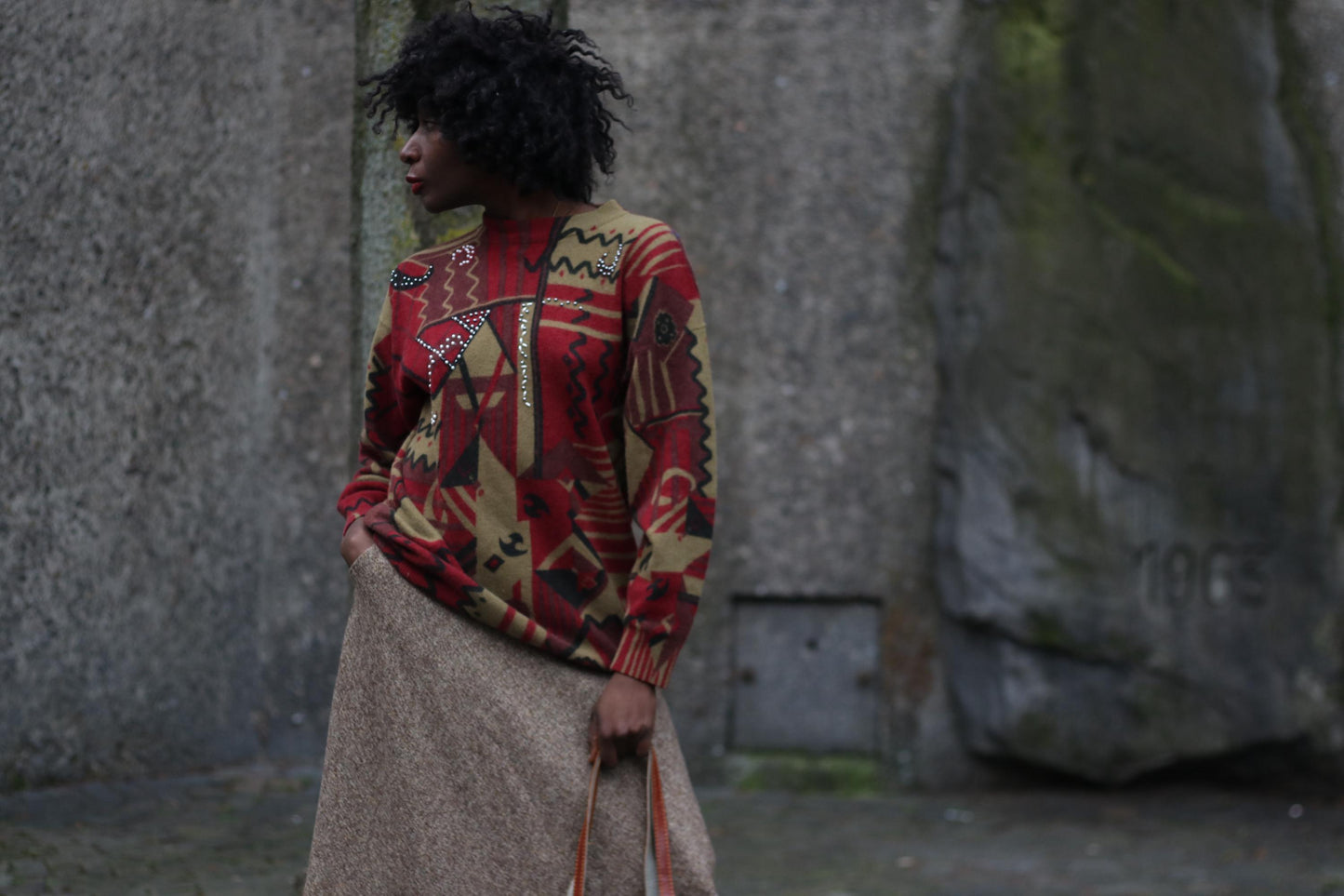 80s Mayons Maximalist Sweater| Vintage abstract print brown long sleeved knit| Whimsical retro winter sweater in brown and red