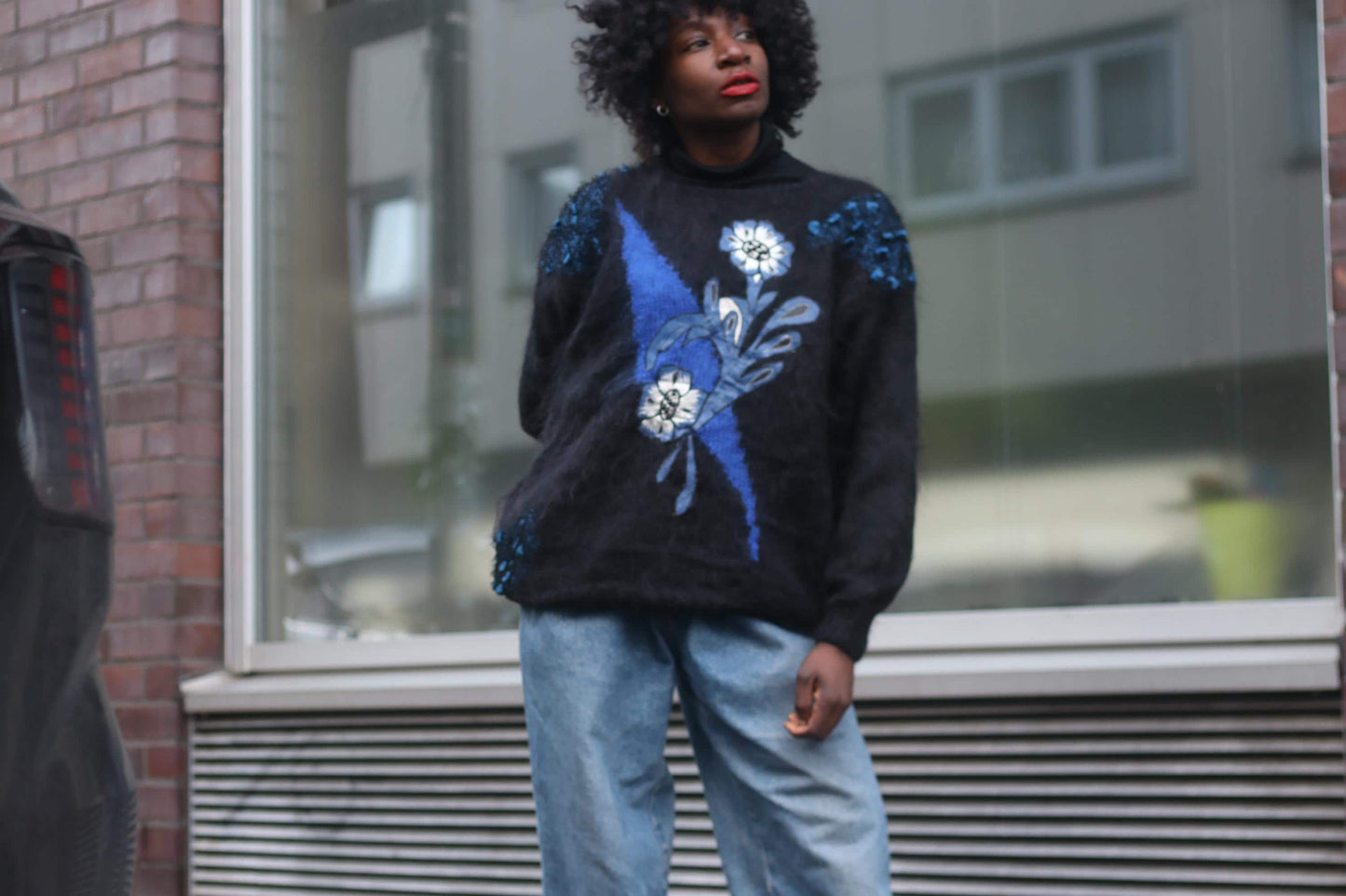 80s MC Paris Blue Mohair Blend Sweater| Vintage Women's Floral Embroidery & Sequined Winter Jumper