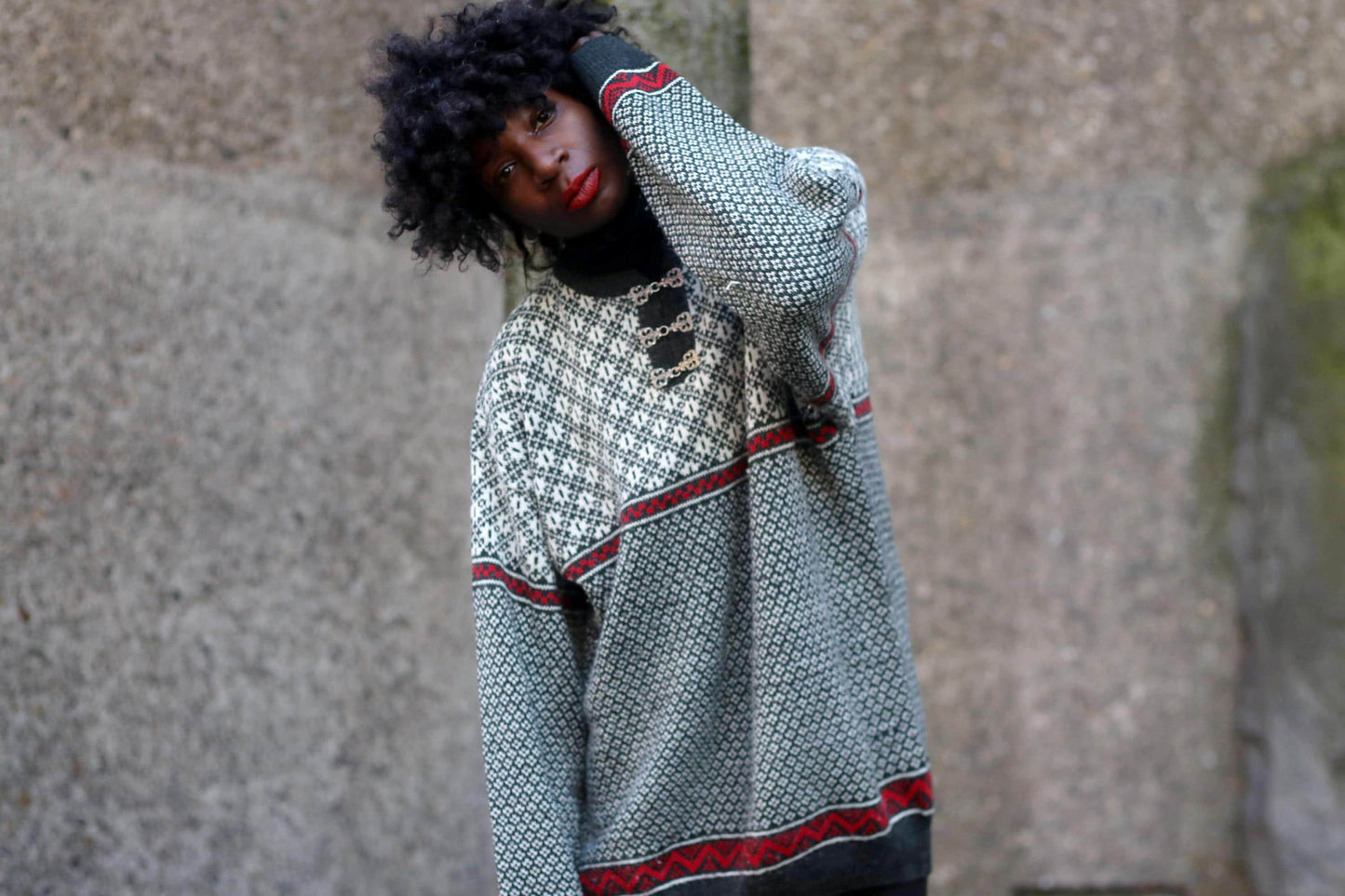 Vintage Nordic Inspired Wool Blend Sweater| 70s-Inspired Après-Ski Chic Monochrome Unisex Knit