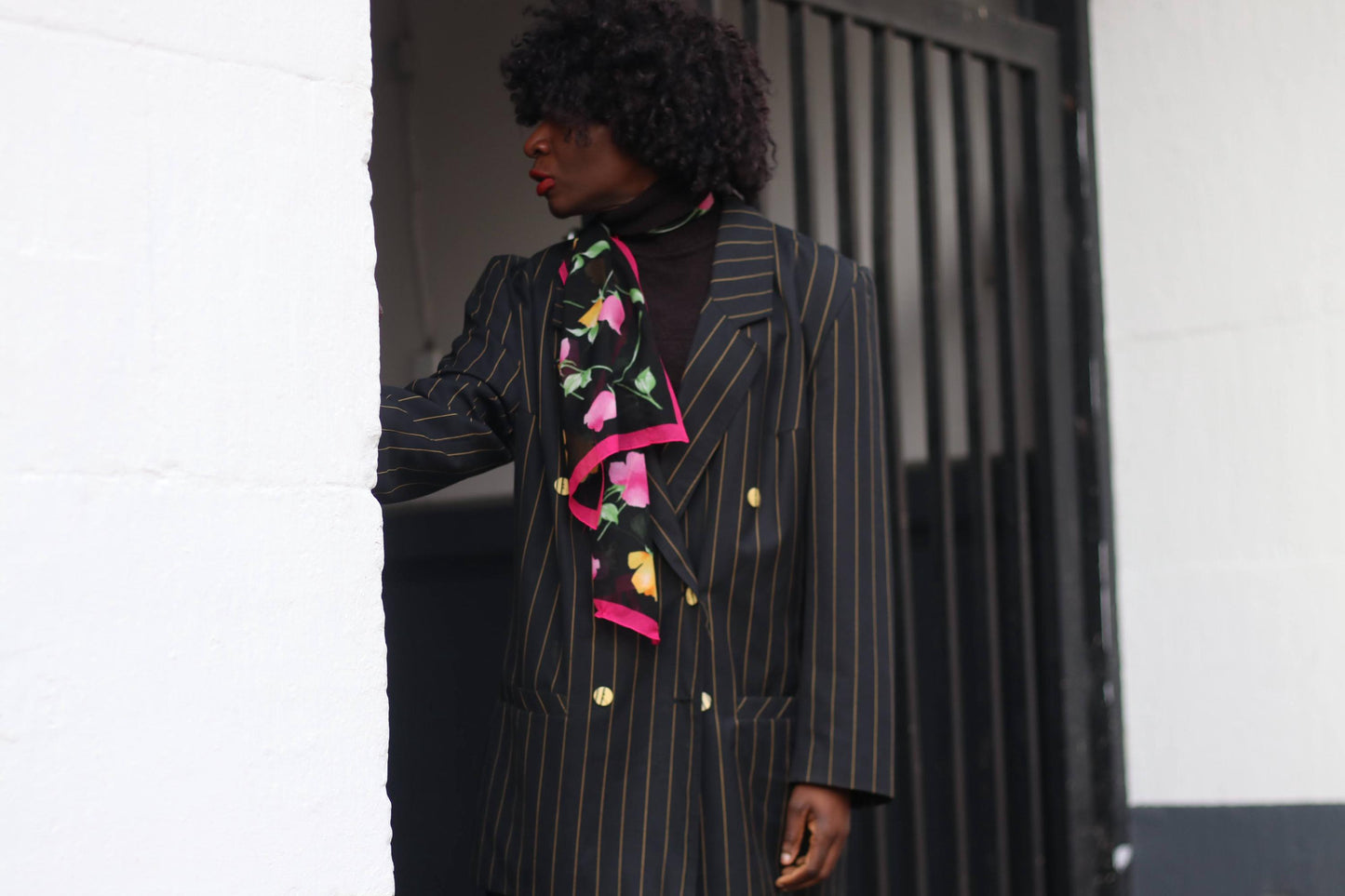 Vintage Wool Blend Blazer| 90s Classic Women's Pinstriped Jacket | Black and Yellow Timeless Workwear| Minimalist Tailored Blazer