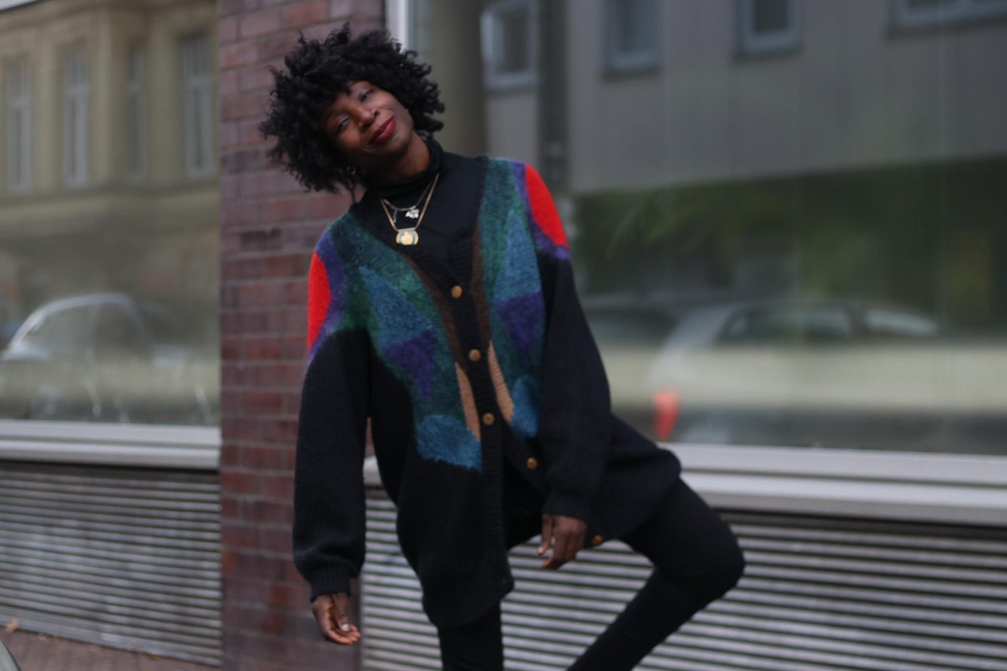 80s Color Block Cardigan | Vintage Oversized Mohair Blend Knit |Geometric Slouchy Sweater | Women's Abstract Print Maximalist Statement Knit