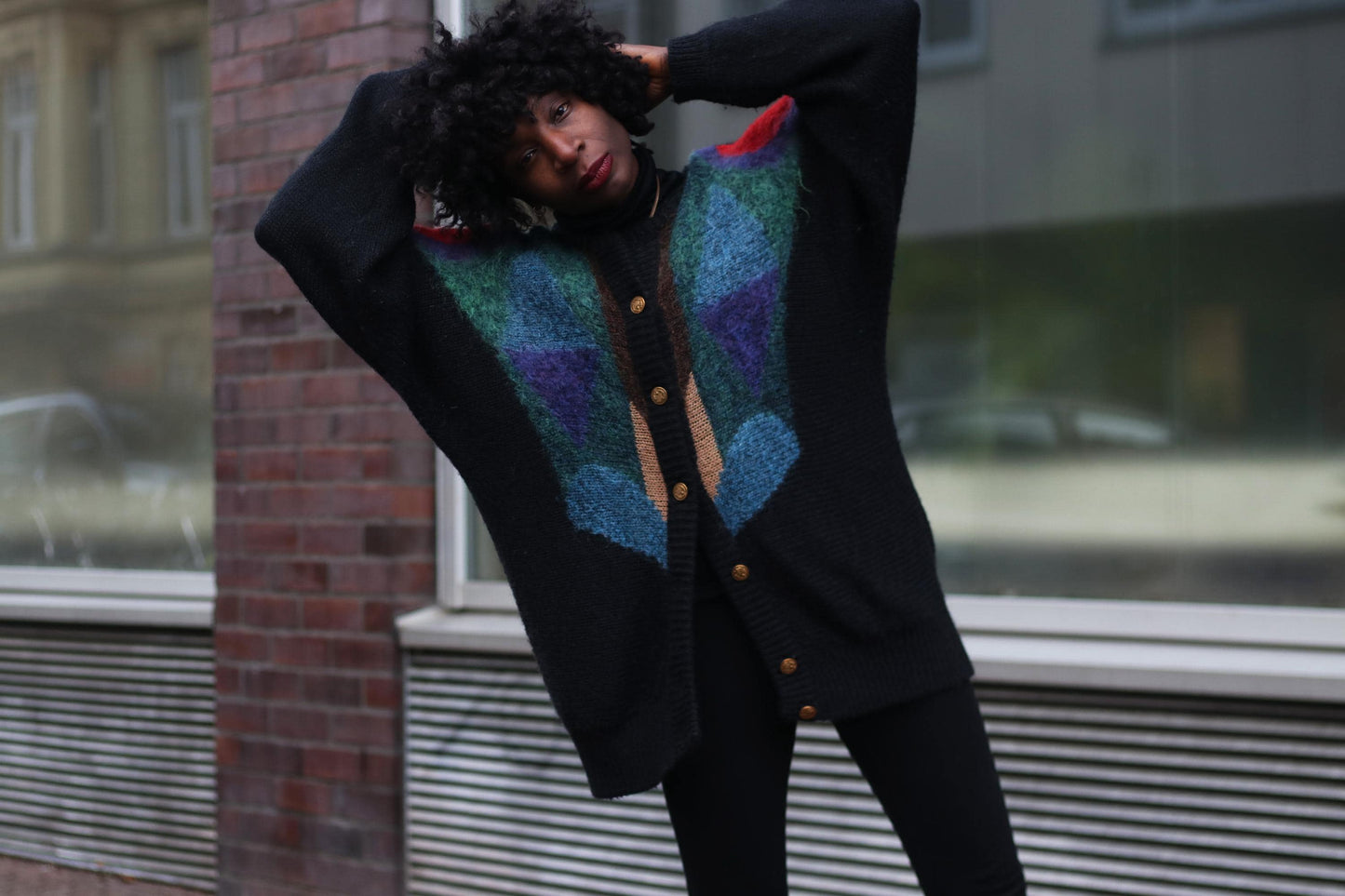 80s Color Block Cardigan | Vintage Oversized Mohair Blend Knit |Geometric Slouchy Sweater | Women's Abstract Print Maximalist Statement Knit