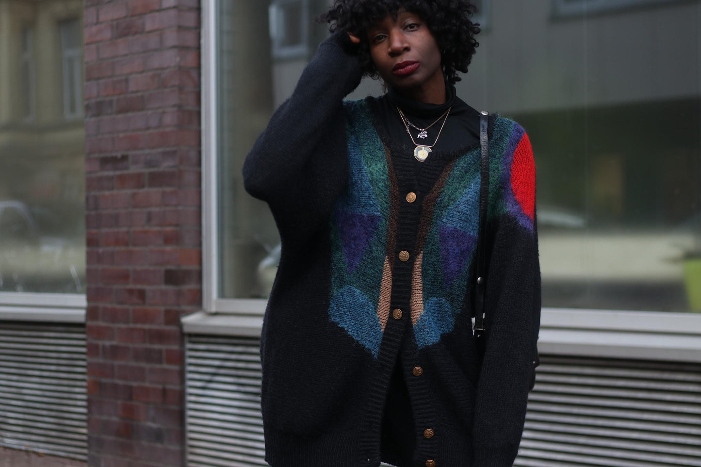 80s Color Block Cardigan | Vintage Oversized Mohair Blend Knit |Geometric Slouchy Sweater | Women's Abstract Print Maximalist Statement Knit