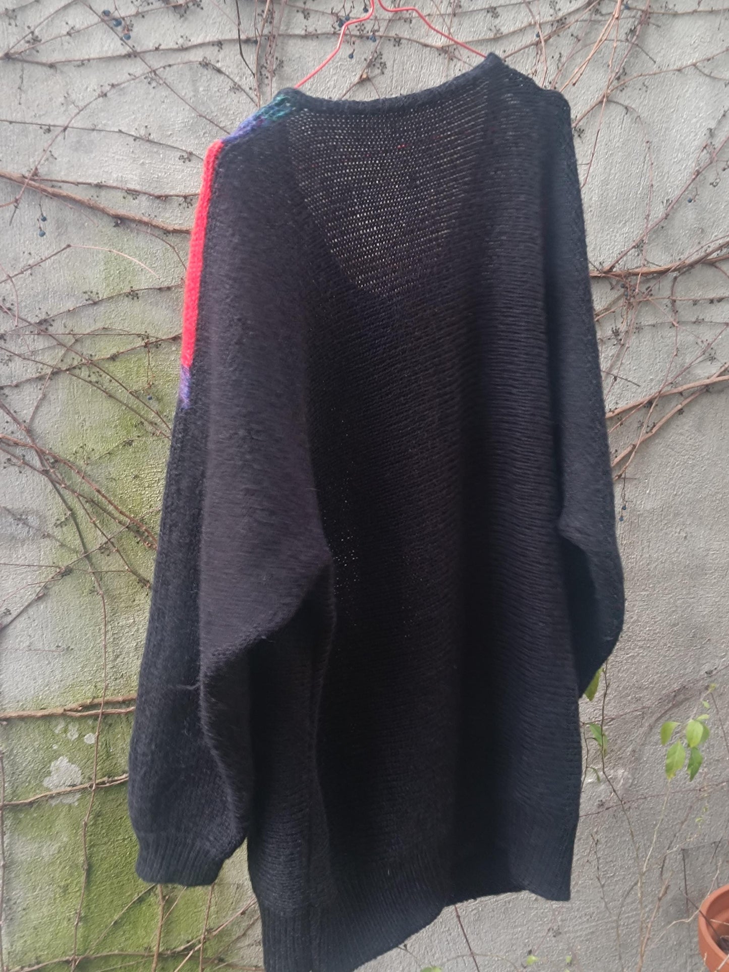 80s Color Block Cardigan | Vintage Oversized Mohair Blend Knit |Geometric Slouchy Sweater | Women's Abstract Print Maximalist Statement Knit