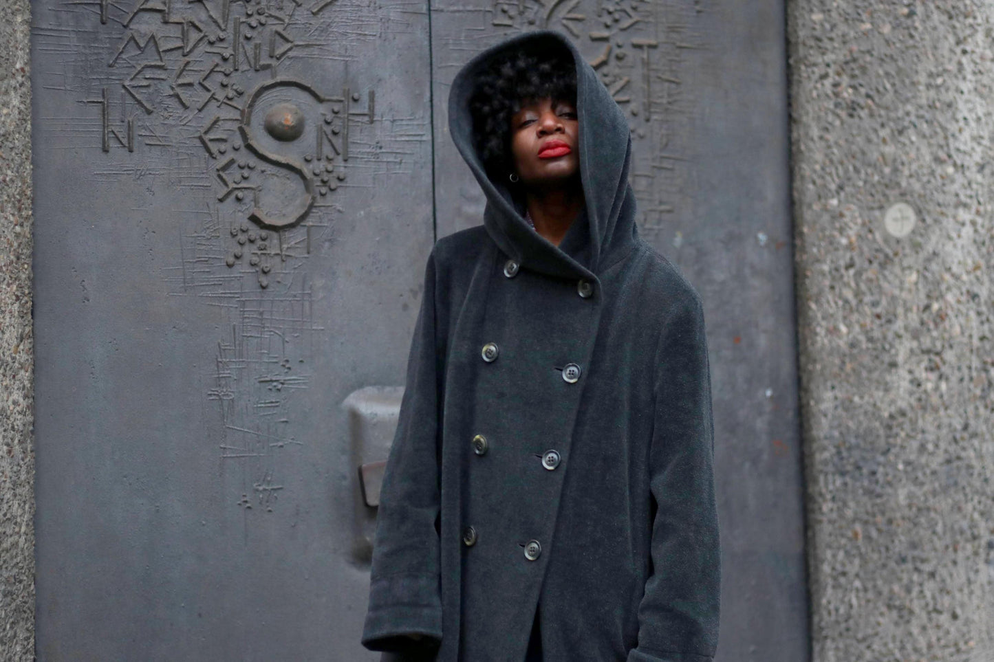 Vintage Cashmere Blend Coat| 80s Angora and Wool Double-Breasted Hooded Winter Outerwear| Women's Long Charcoal Grey Dark Academia Design
