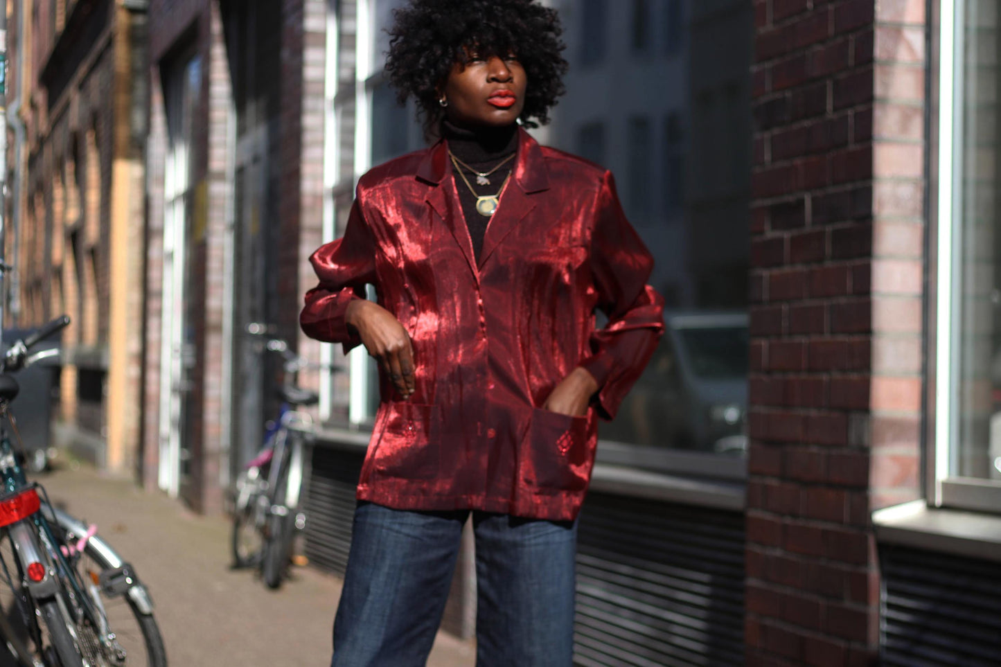 90s Vintage Shiny Red Blouse with Embroidered Pockets| Women's Button-up Satin-Like Shirt
