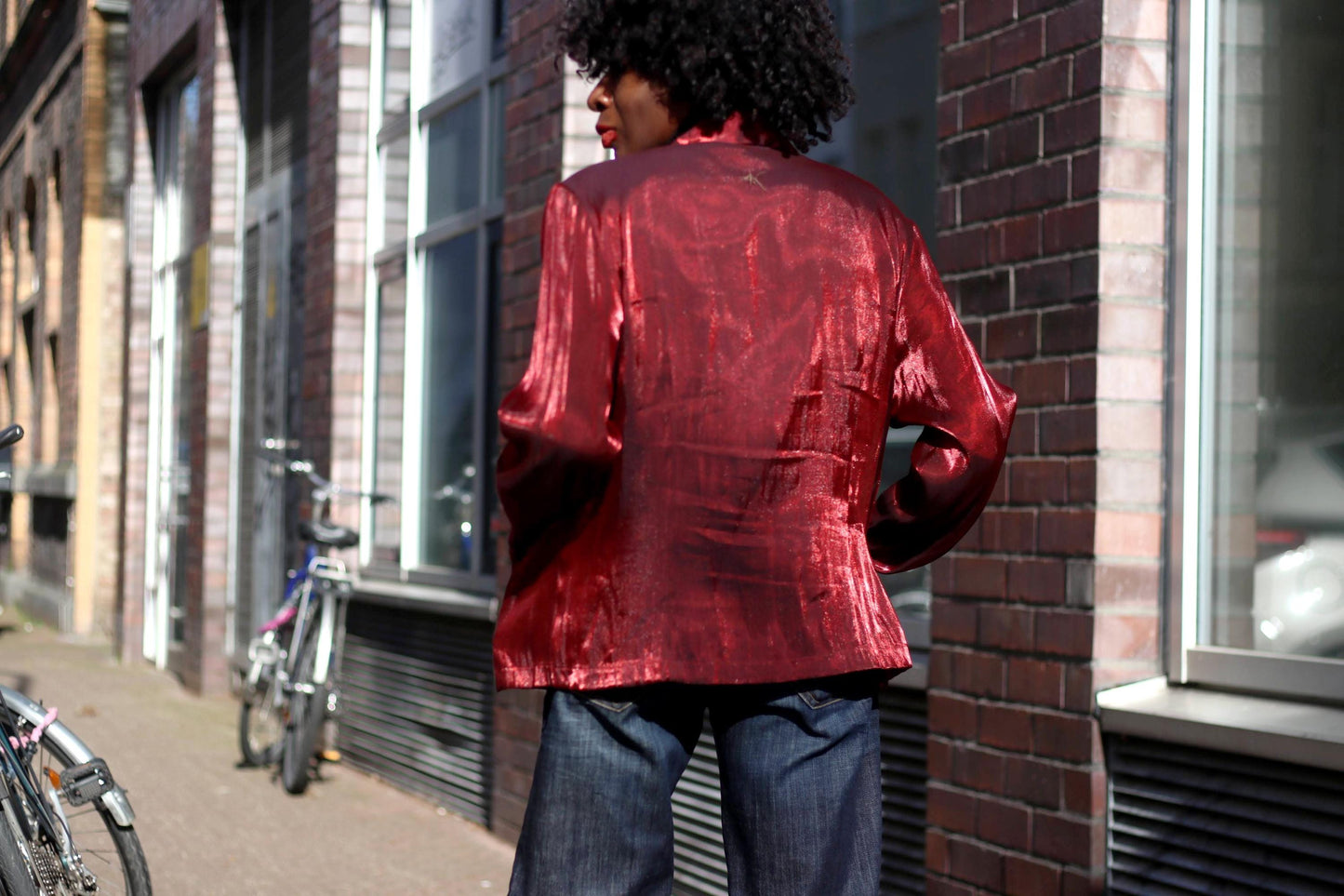 90s Vintage Shiny Red Blouse with Embroidered Pockets| Women's Button-up Satin-Like Shirt