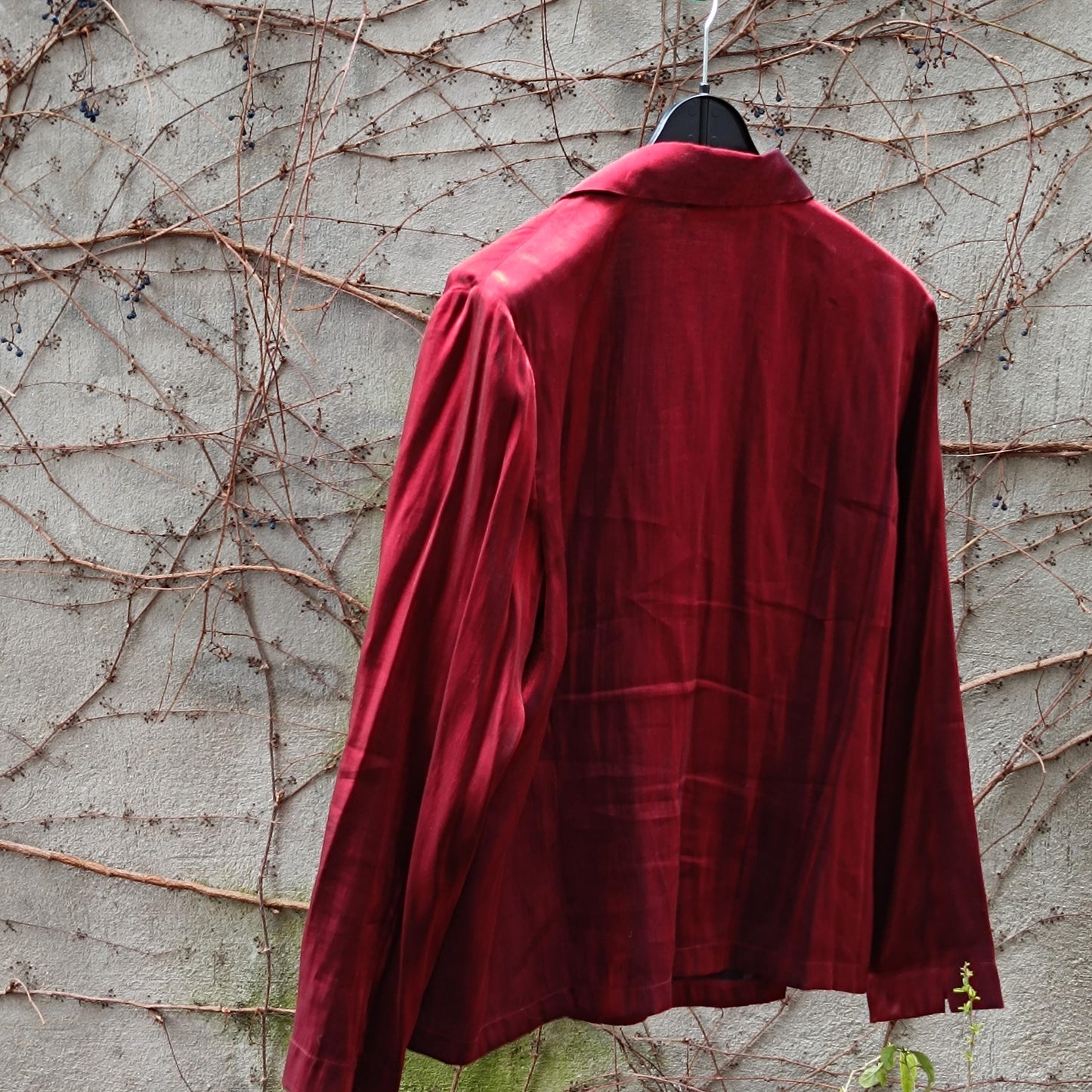 90s Vintage Shiny Red Blouse with Embroidered Pockets| Women's Button-up Satin-Like Shirt