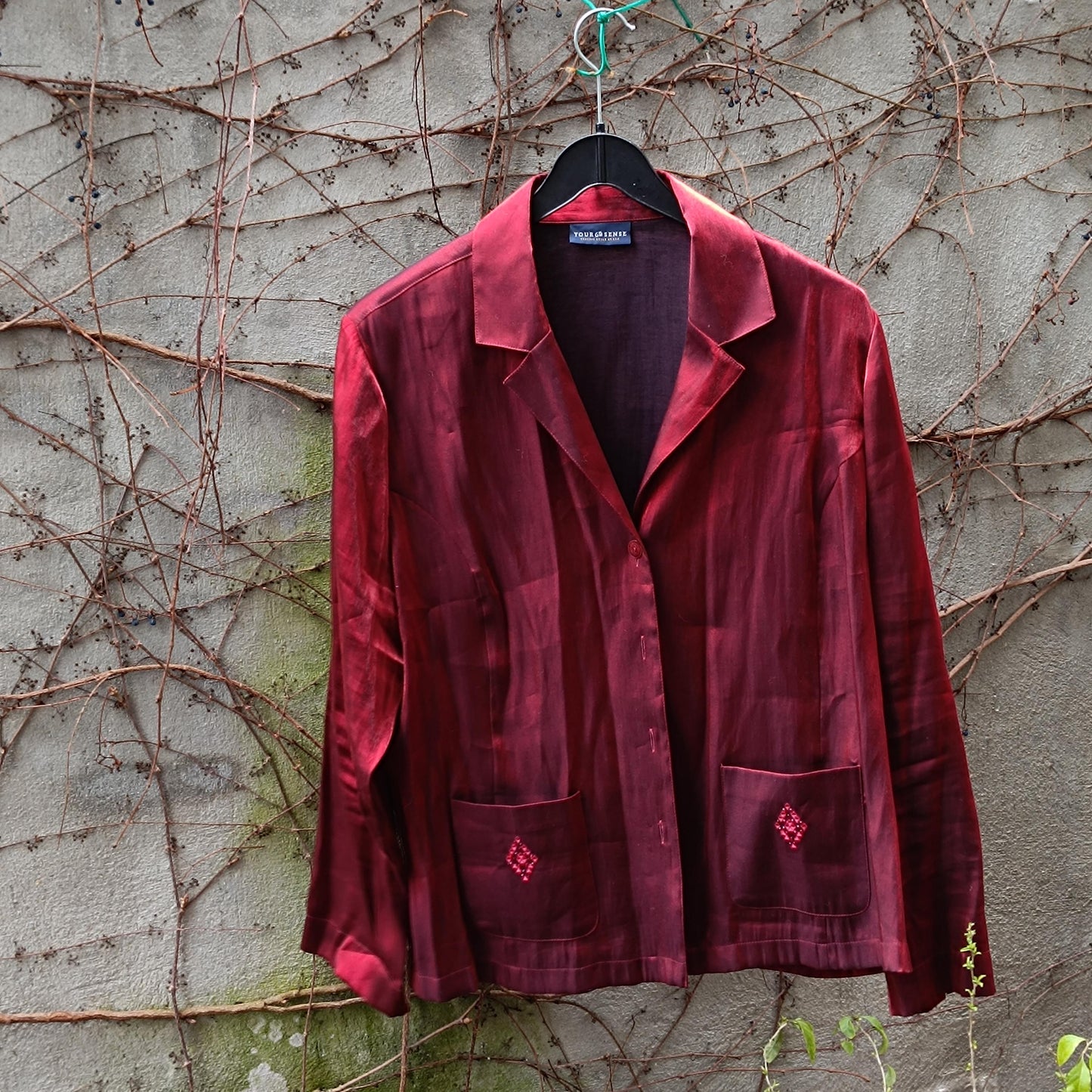 90s Vintage Shiny Red Blouse with Embroidered Pockets| Women's Button-up Satin-Like Shirt