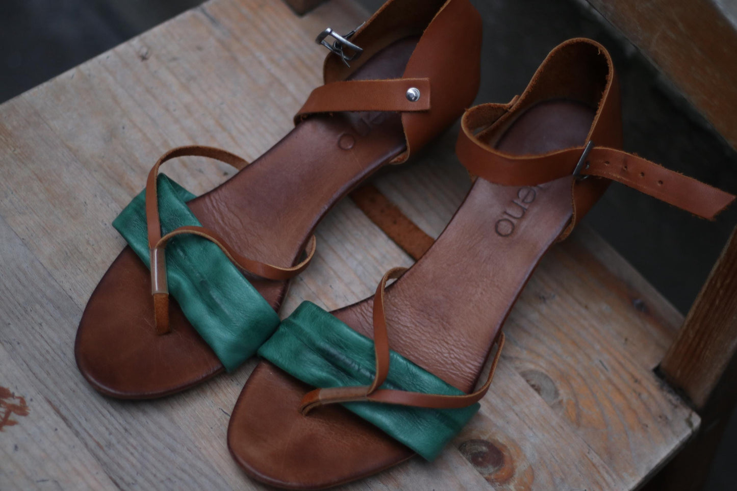 90s Leather Sandals | Vintage Boho Green & Brown Strappy Flats | Italian Handmade Retro Summer Shoes | Ankle Wrap Festival Sandals Size EU40
