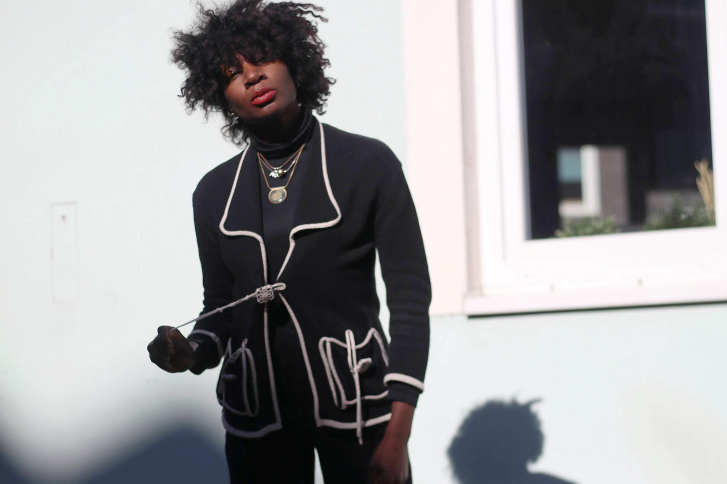 Vintage Black Knit Cardigan | Y2K White Trim & Unique Button Design | Relaxed Fit