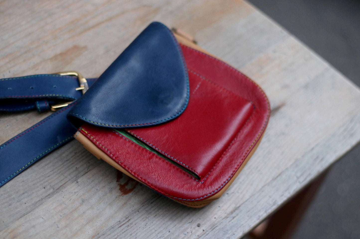 Vintage Color-Blocked Leather Belt Bag| 90s Red, Navy & Tan Waist Pouch with Adjustable Strap