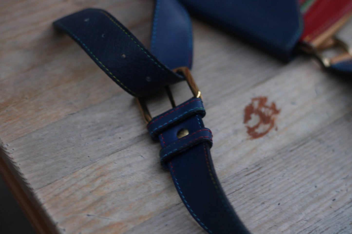 Vintage Color-Blocked Leather Belt Bag| 90s Red, Navy & Tan Waist Pouch with Adjustable Strap