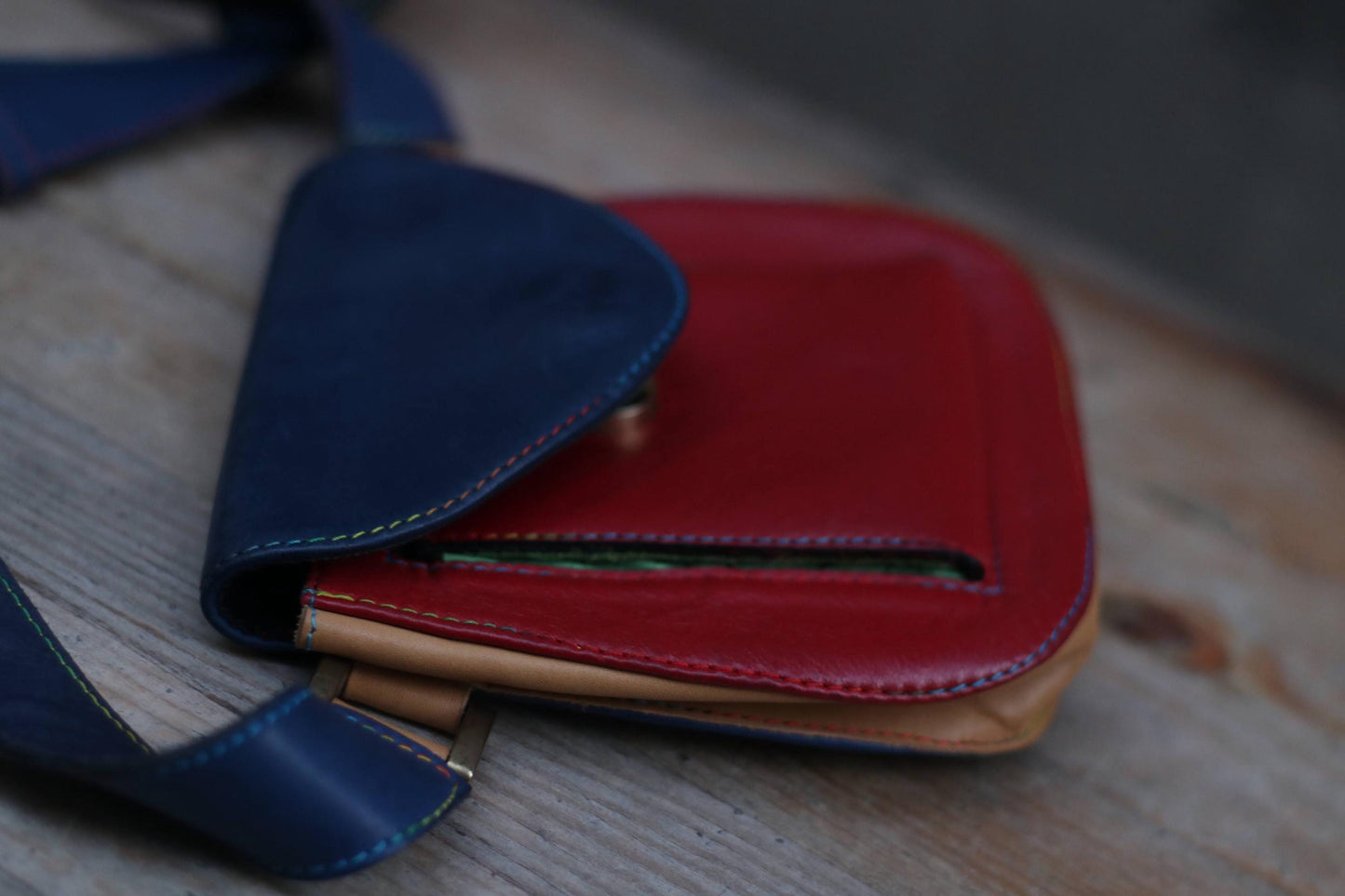 Vintage Color-Blocked Leather Belt Bag| 90s Red, Navy & Tan Waist Pouch with Adjustable Strap