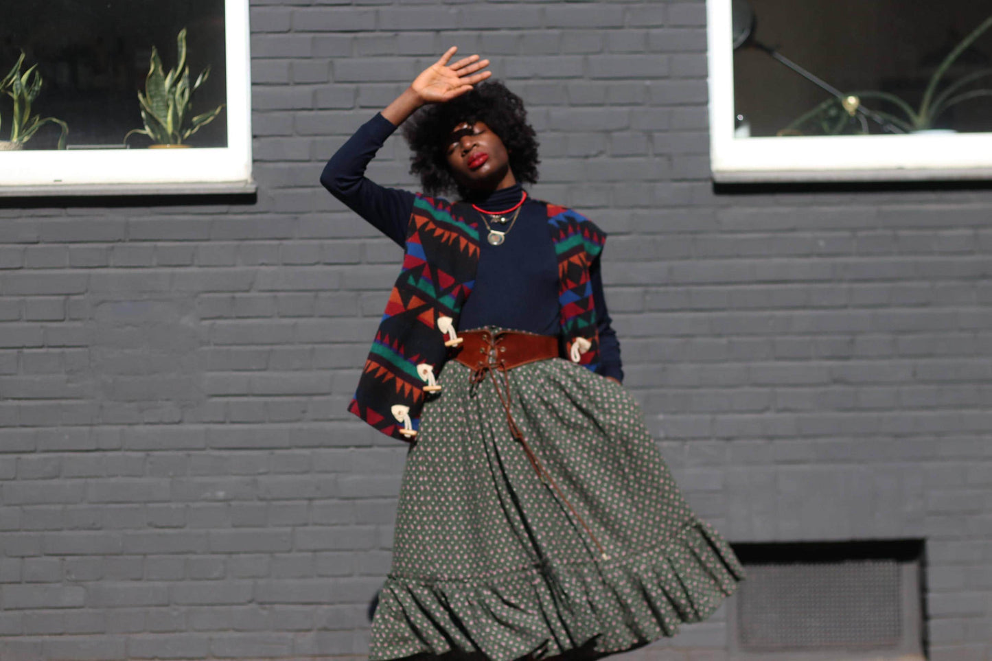 70s Boho Folk Skirt | Vintage Women's Eyedrop Print Midi Skirt | Country-Inspired Green Free-Spirit Skirt | Cottagecore Ruffle Hem Festival