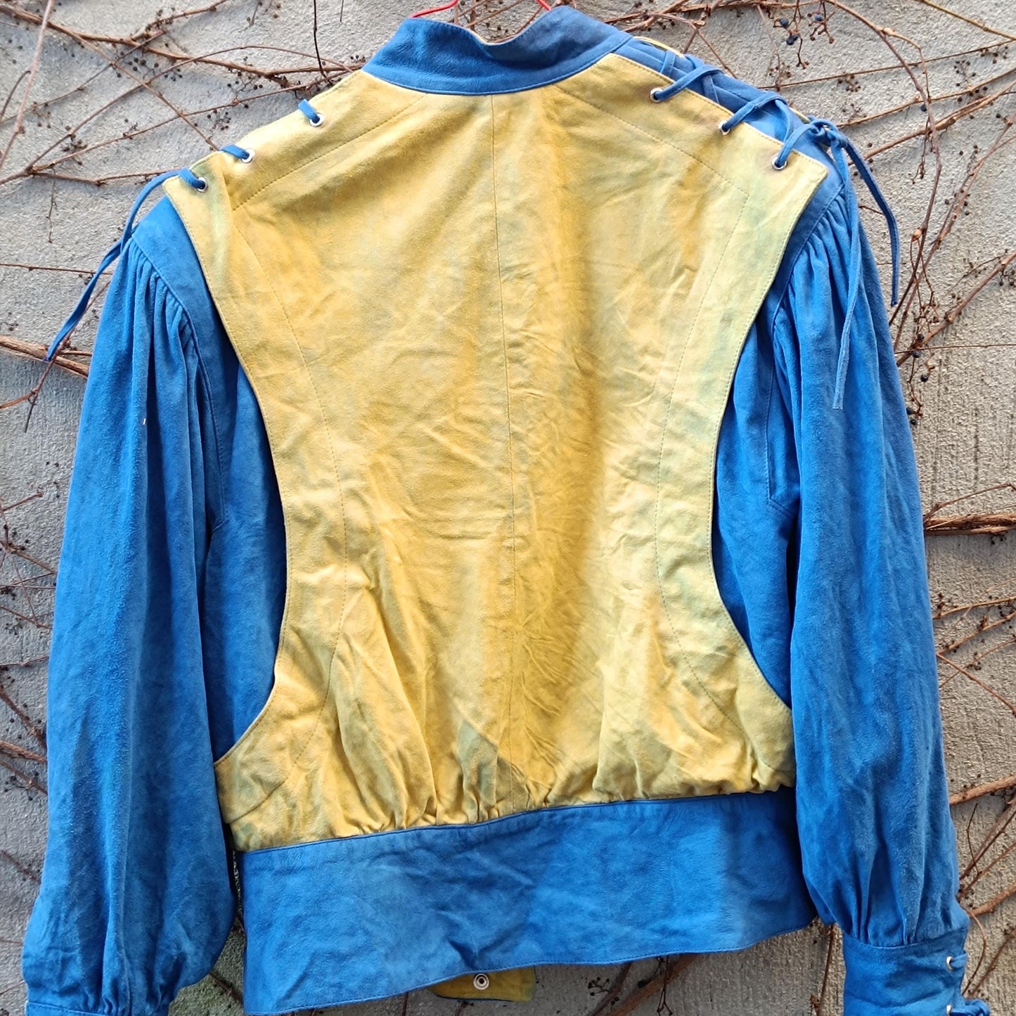 80s Vintage Suede Jacket | Blue & Yellow Colorblock Leather Jacket | Statement Patchwork Bomber | Women's Bold Retro Western Cropped Jacket
