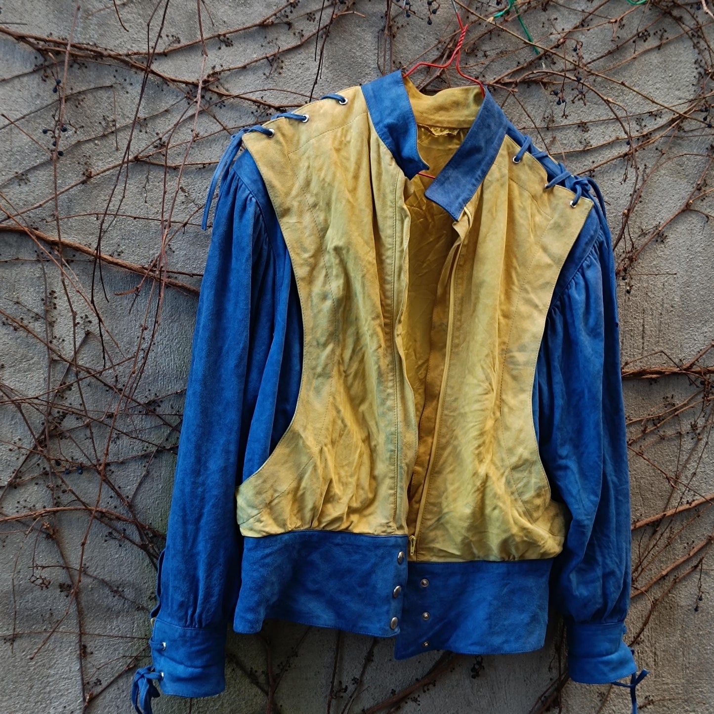 80s Vintage Suede Jacket | Blue & Yellow Colorblock Leather Jacket | Statement Patchwork Bomber | Women's Bold Retro Western Cropped Jacket