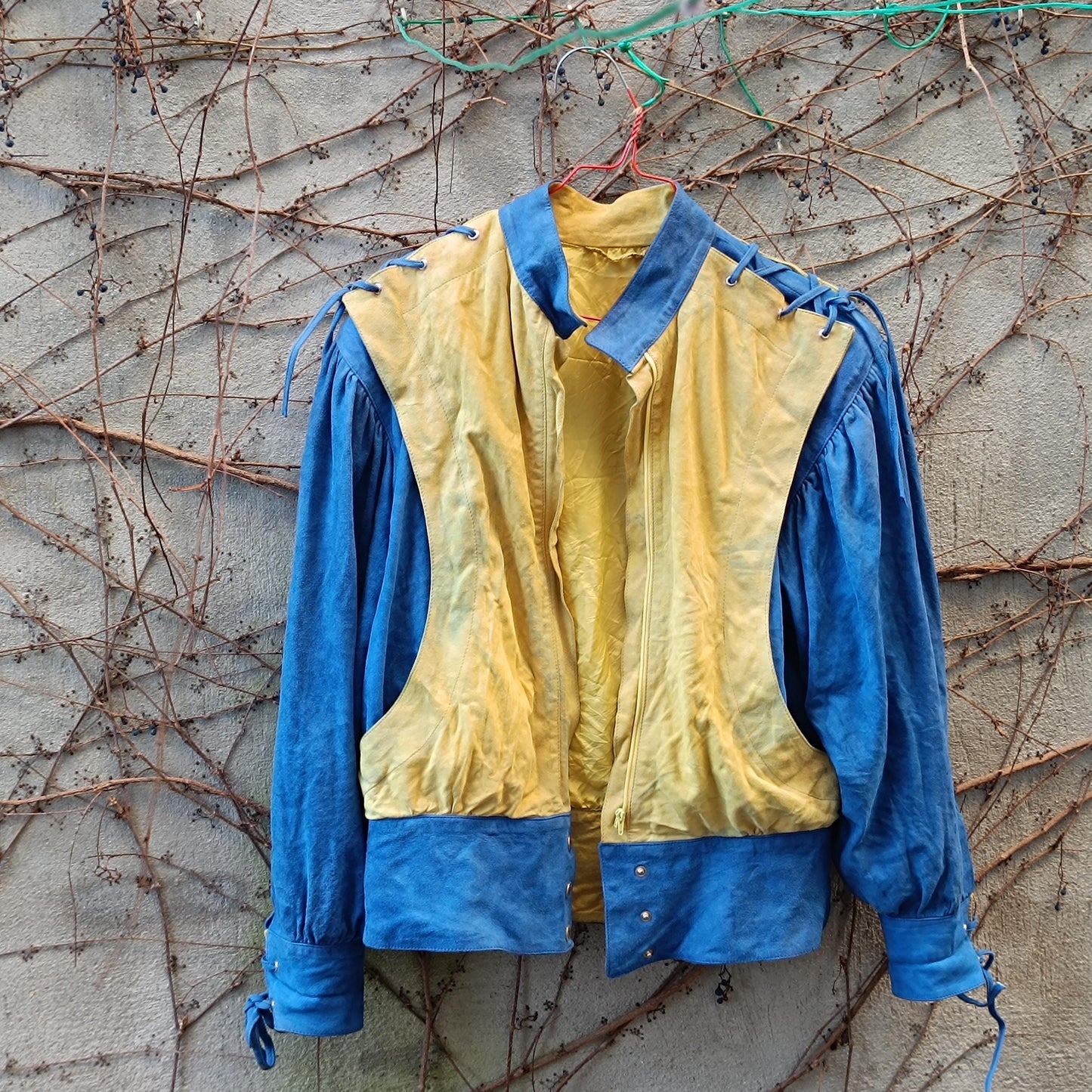 80s Vintage Suede Jacket | Blue & Yellow Colorblock Leather Jacket | Statement Patchwork Bomber | Women's Bold Retro Western Cropped Jacket