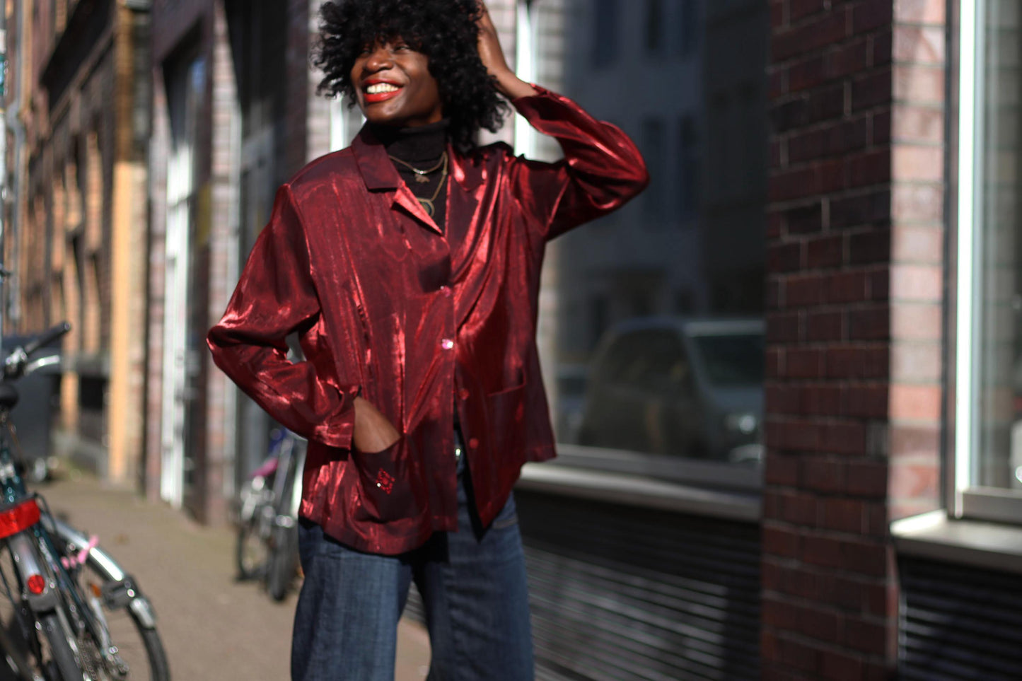 90s Vintage Shiny Red Blouse with Embroidered Pockets| Women's Button-up Satin-Like Shirt