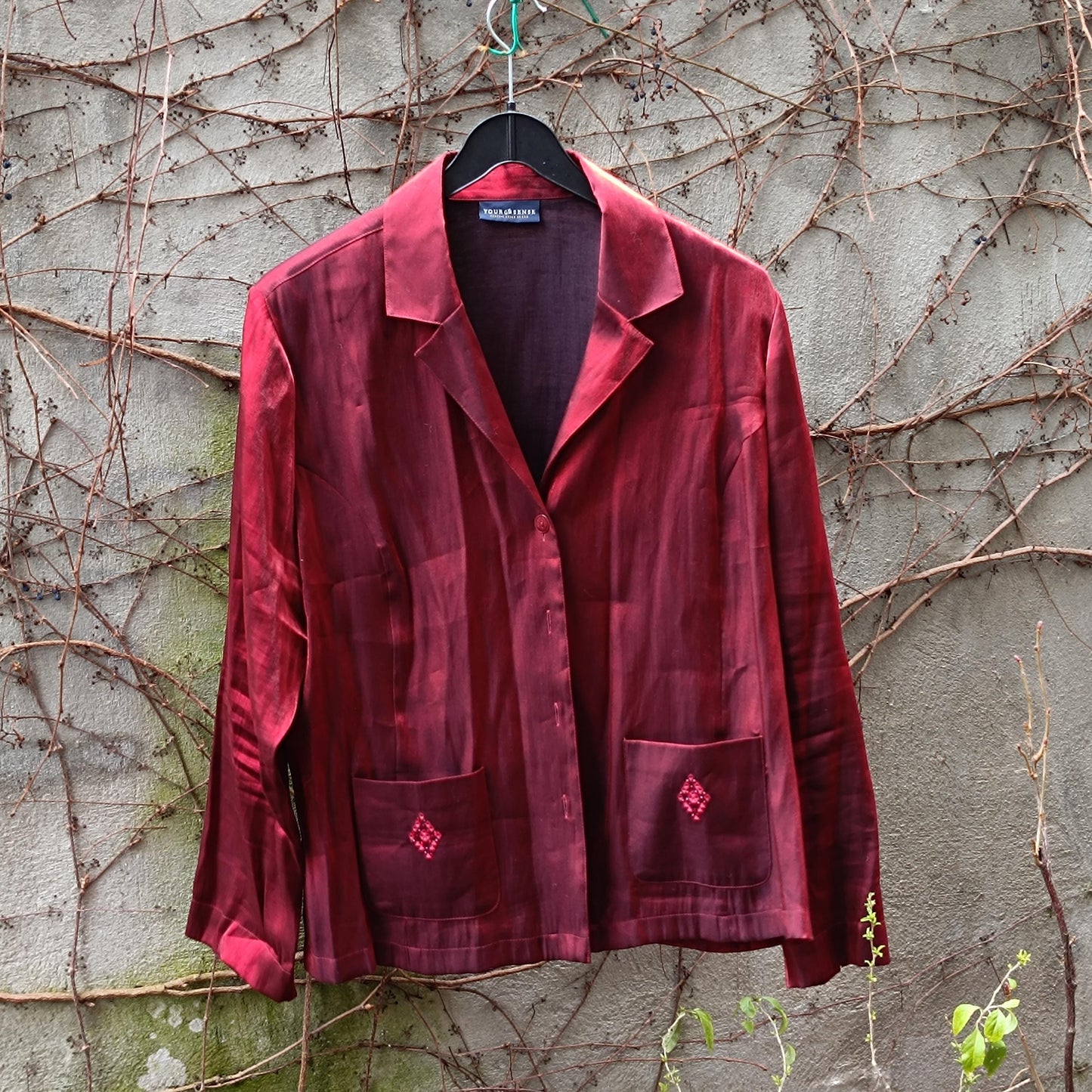 90s Vintage Shiny Red Blouse with Embroidered Pockets| Women's Button-up Satin-Like Shirt