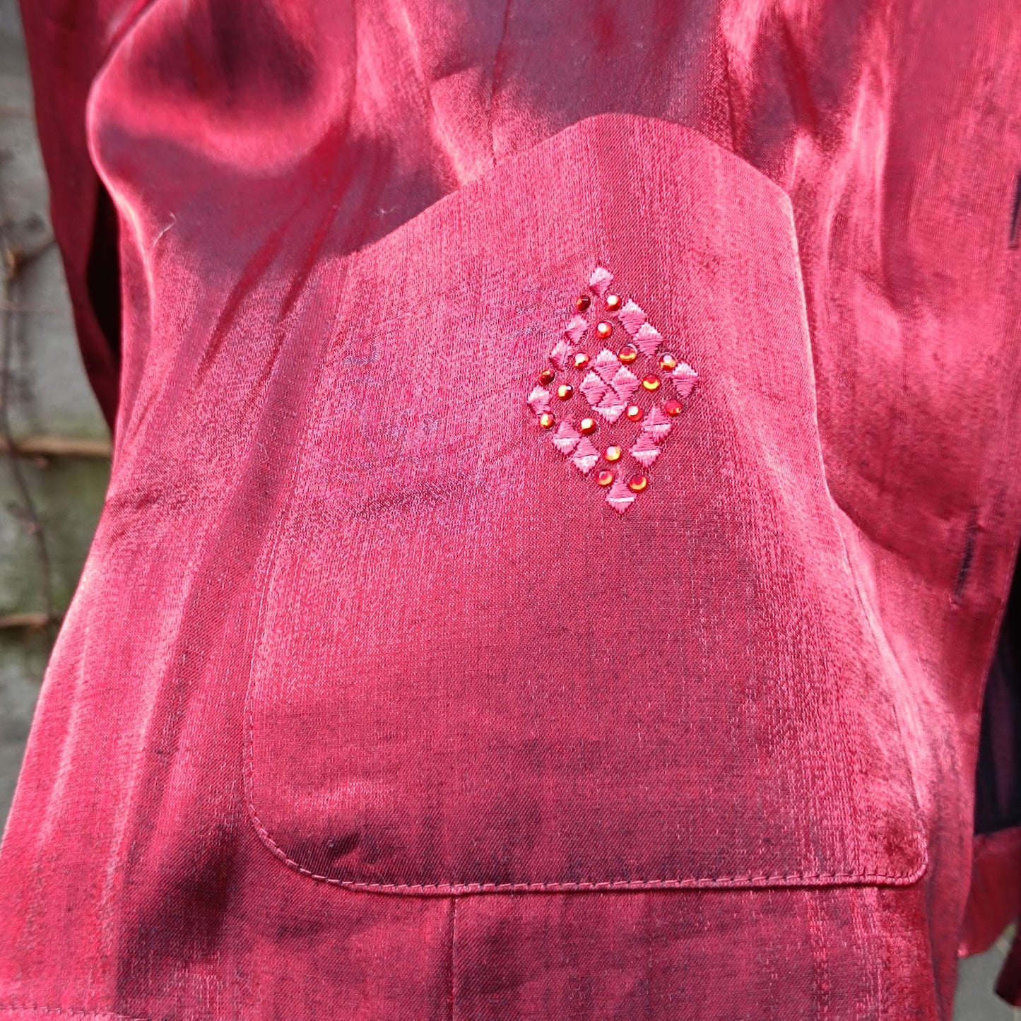 90s Vintage Shiny Red Blouse with Embroidered Pockets| Women's Button-up Satin-Like Shirt