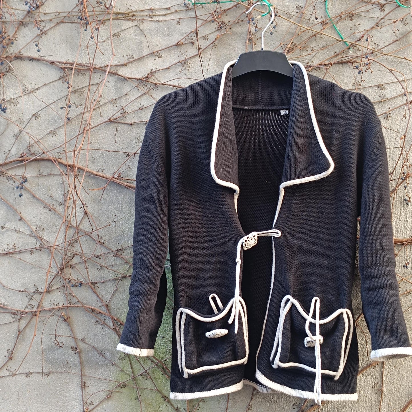 Vintage Black Knit Cardigan | Y2K White Trim & Unique Button Design | Relaxed Fit