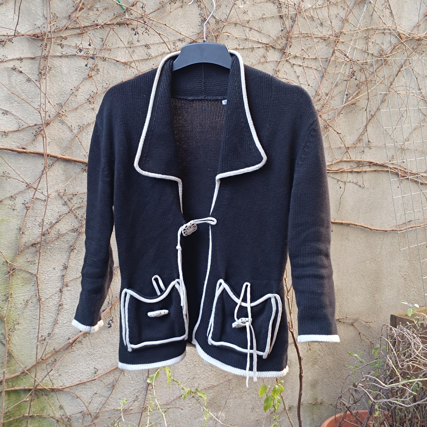 Vintage Black Knit Cardigan | Y2K White Trim & Unique Button Design | Relaxed Fit