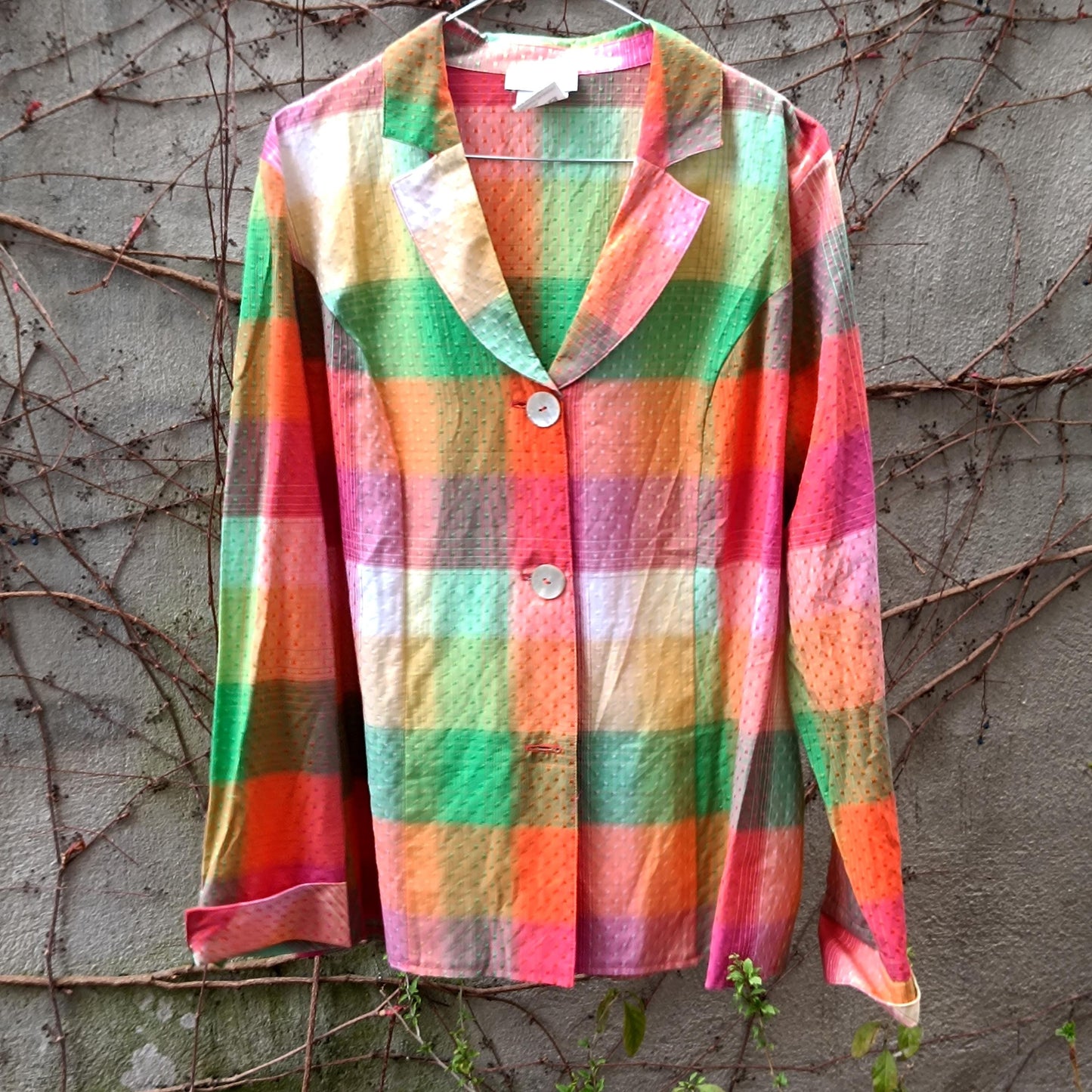 Vintage Laura Kent Blouse| Multicolored Women's Check Shirt | Retro Long Sleeve | Textured Button-Up | Bold Long-sleeved V neck